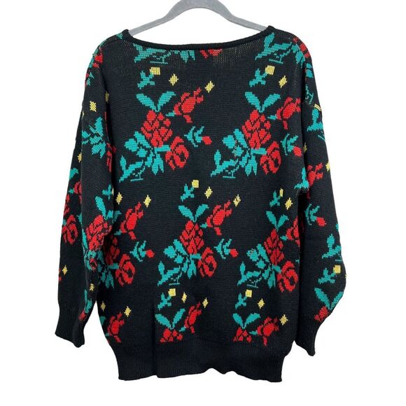 Cambridge Dry Goods Lambswool Blend Sweater Black Floral Round Neck Women Size L - Picture 4 of 5